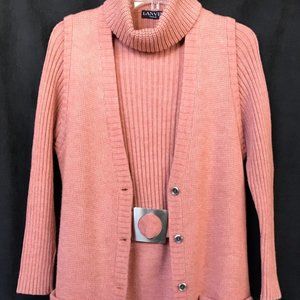 LANVIN Paris 4 piece knit set VTG salmon wool Turtleneck Vest Pants Belt Sz 40